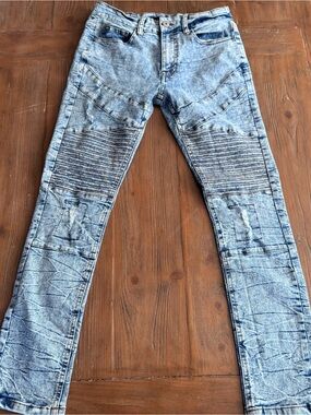 Rocawear Men's Acid Wash Skinny Fit Moto Biker Jeans Size 30x30